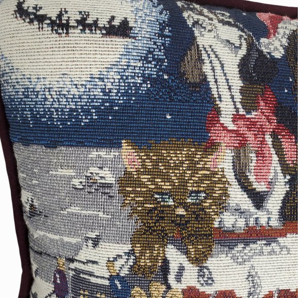 VTG Christmas Dog & Cat Pillow Tapestry Chimney Santa Reindeer Snow Puppy Kitten - Picture 2 of 7